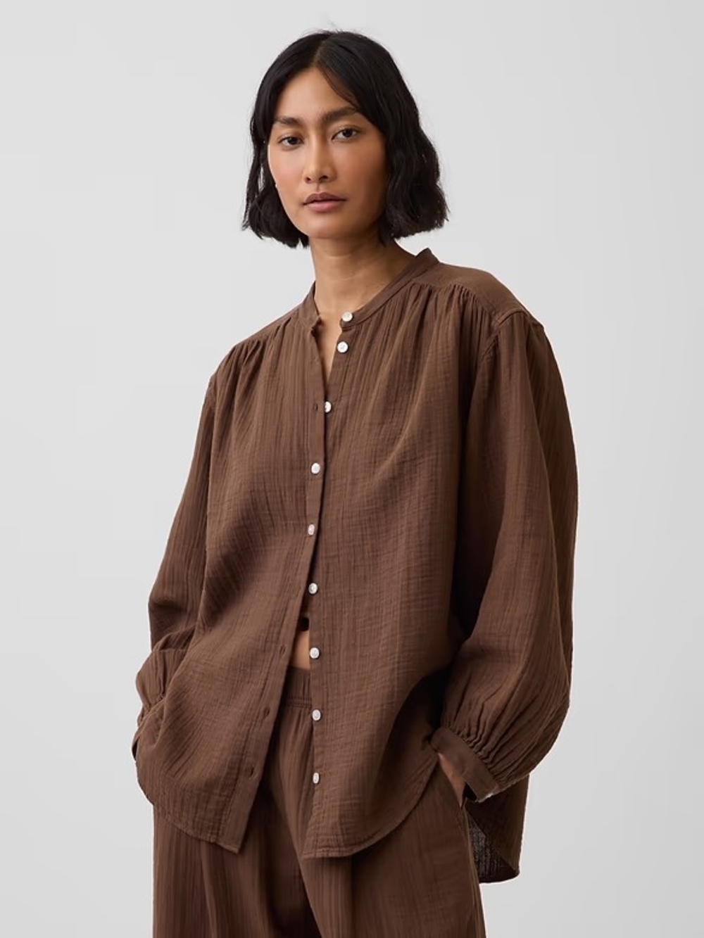 GAP Chocolate Brown Button-Front Band Collar Blouse